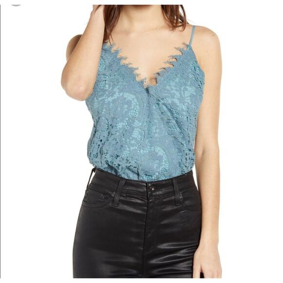 WAYF Lizzie Blue Crossover Lace Sleeveless V-neck Bodysuit NEW Women's Medium - Picture 1 of 11